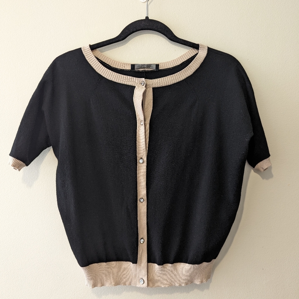 MaxMara Black Knit Beige Trim Short Sleeve Rhinestone Crystal Button Cardigan XS